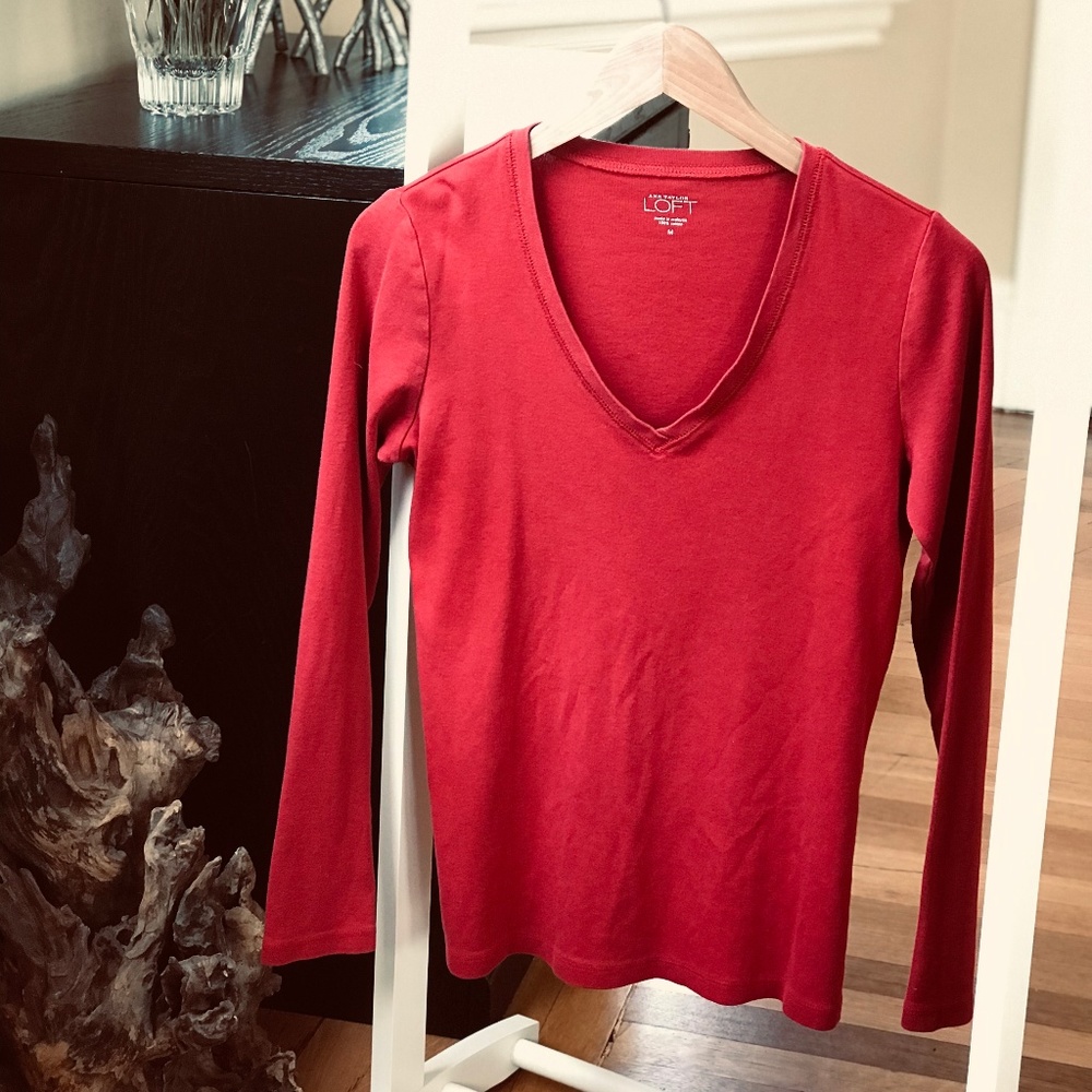 Ann Taylor Loft Deep Cut V-Neck Long Sleeve Shirt